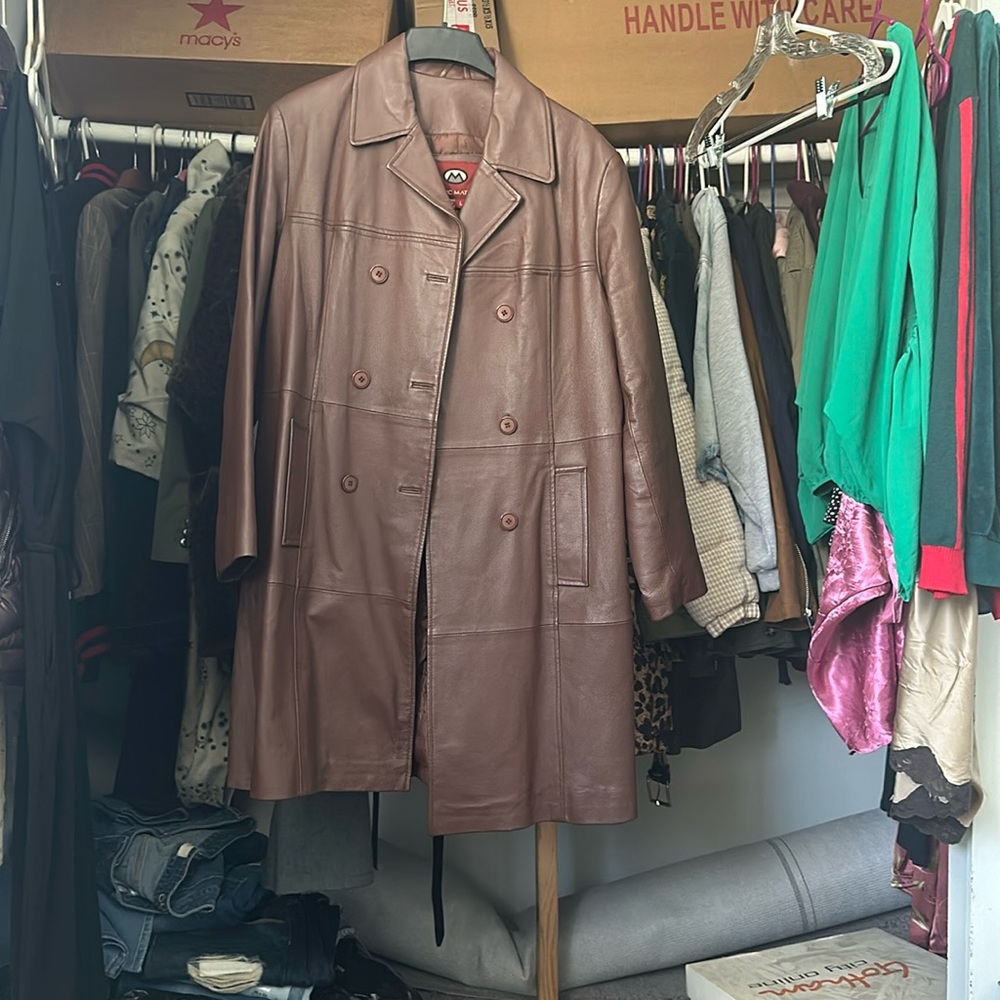Genuine, leather double breasted, three-quarter length coat size large